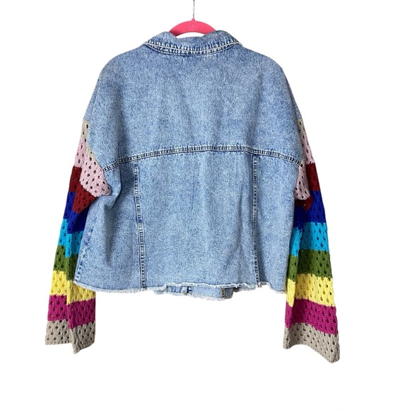 Elan Crochet Sleeve Cropped Denim Jacket Womens M Boho Festival - Picture 4 of 7